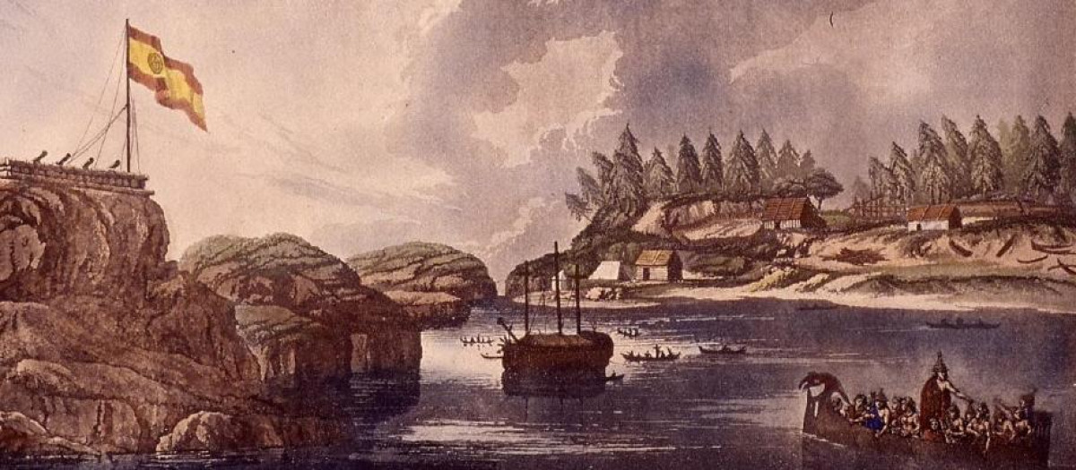 Grabado de un puesto fortificado español en la entrada de Nutca