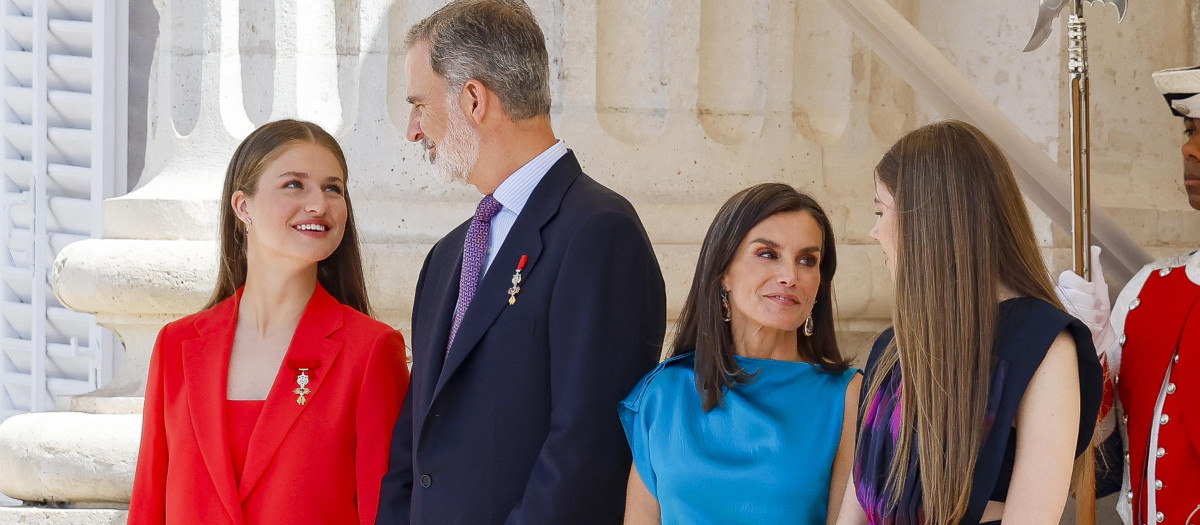 Spanish King Felipe VI and Letizia Ortiz with Princess Leonor and Princess Sofia attending solemn relief of the royal guard during 10 anniversary of the proclamation of Spanish King Felipe VI in Madrid on Wednesday, 19 June 2024.