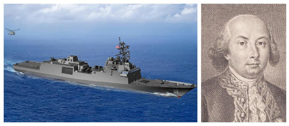 Imagen de la US Navy de una futura fragata de clase Constellation; a la derecha, retrato de Bernardo de Gálvez