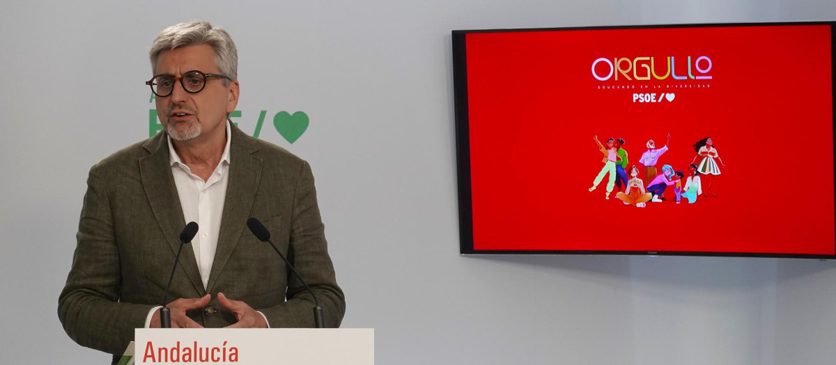 El portavoz del PSOE andaluz, Josele Aguilar, en rueda de prensa