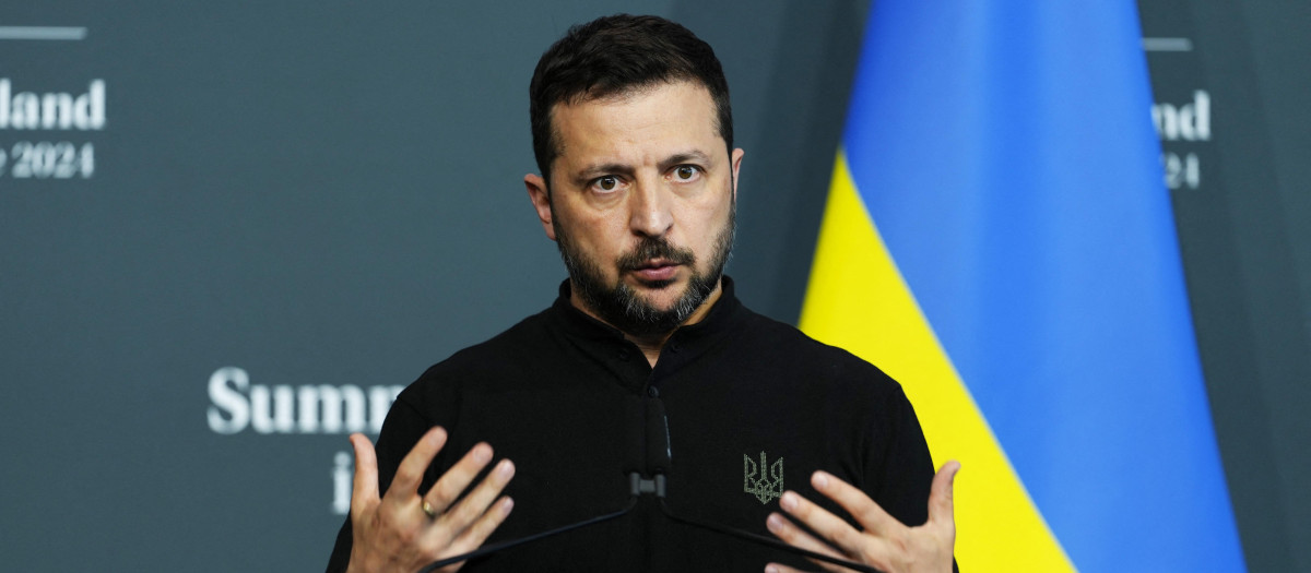 El presidente de Ucrania, Volodimir Zelenski, se dirige a la conferencia de prensa de clausura de la Cumbre sobre la paz en Ucrania