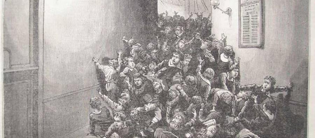 El 16 de junio de 1883, 183 niños murieron a causa de un aplastamiento humano en el Victoria Hall de Sunderland (Reino Unido). Dibujo de G. Julien