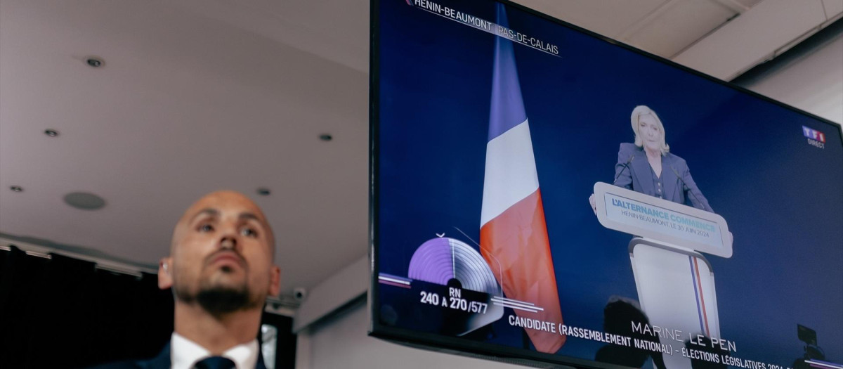 June 30, 2024, Paris, France, France: A TV screen shows Former president of the French far right Rassemblement National (RN) parliamentary group Marine Le Pen after the first round of the parliamentary elections. France s far right won the first round of pivotal legislative elections on June 30, 2024, with the centrist forces of France s President coming in only third behind the left after the highest turnout in over four decades, estimates said POLITIQUE, RN, RASSEMBLEMENT NATIONAL, EXTREME DROITE, ELECTIONS LEGISLATIVES, LEGISLATIVES,Image: 886056576, License: Rights-managed, Restrictions: * Belgium, Denmark, France and Germany Out *, Model Release: no, Credit line: Alexis Sciard / Zuma Press / ContactoPhoto
Editorial licence valid only for Spain and 3 MONTHS from the date of the image, then delete it from your archive. For non-editorial and non-licensed use, please contact EUROPA PRESS.
30/6/2024 ONLY FOR USE IN SPAIN
