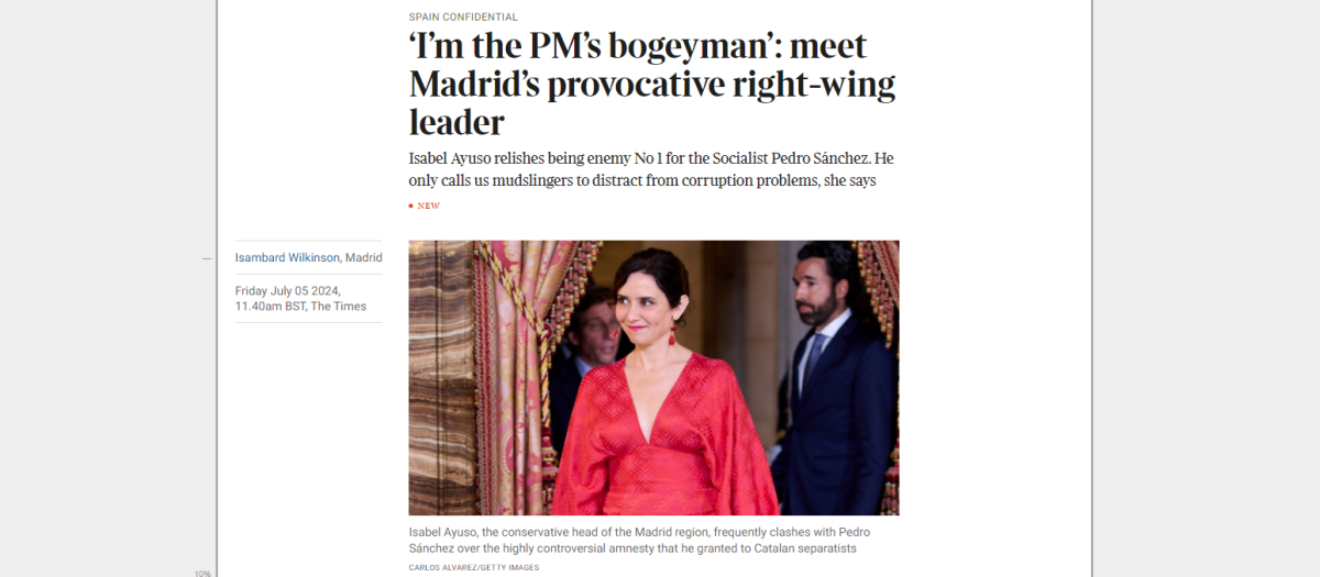 La presidenta de la Comunidad de Madrid, Isabel Díaz Ayuso, en The Times