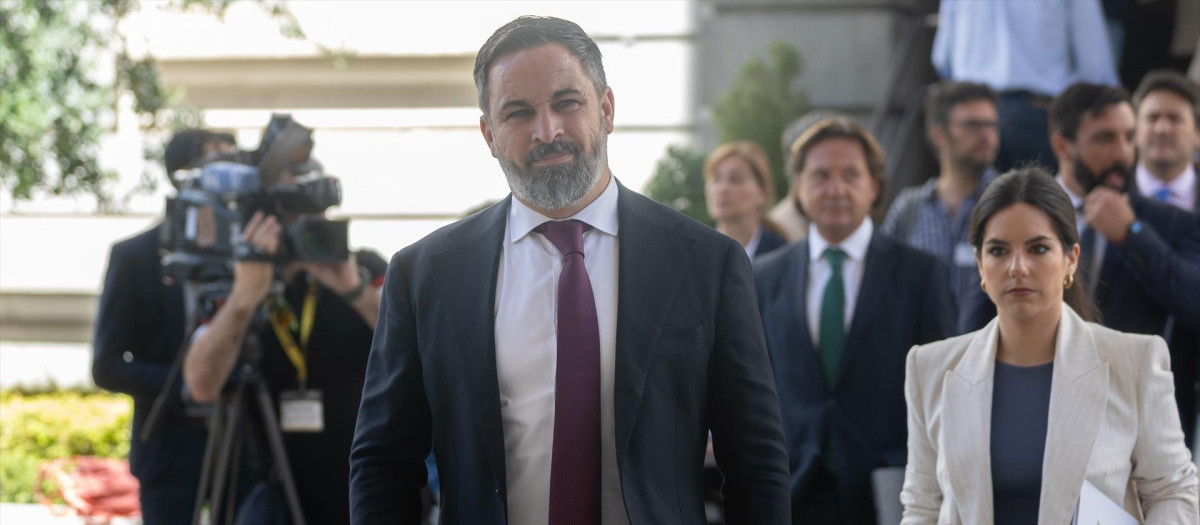 El líder de Vox, Santiago Abascal, y la portavoz en el Congreso, Pepa Millán, a su llegada a una sesión plenaria