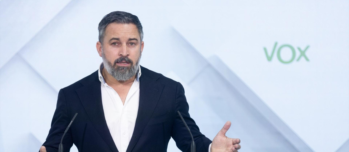 Santiago Abascal ofrece una rueda de prensa en la sede nacional de Vox