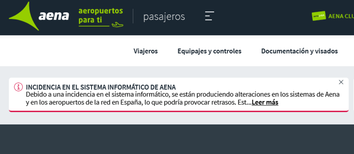Fallo informático en la web de AENA