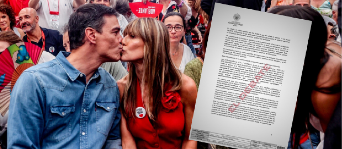 Pedro Sánchez junto a Begoña Gómez en un acto político; a la derecha, resolución oficial de la Universidad Complutense