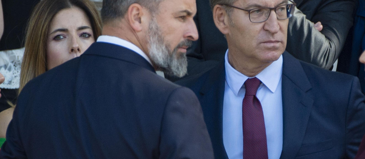 El líder de VOX, Santiago Abascal (i) y el presidente del PP, Alberto Núñez Feijóo
