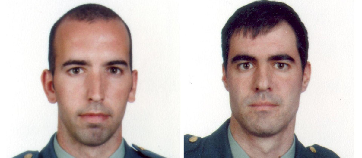 Fotografías facilitadas por el Ministerio del Interior de Diego Salva Lezaun (i) y Carlos Saenz de Tejada García, los dos jóvenes guardias civiles asesinados este mediodía en un atentado con bomba perpetrado por la banda terrorista ETA en el municipio mallorquín de Calvià, según han informado fuentes de la lucha antiterrorista.