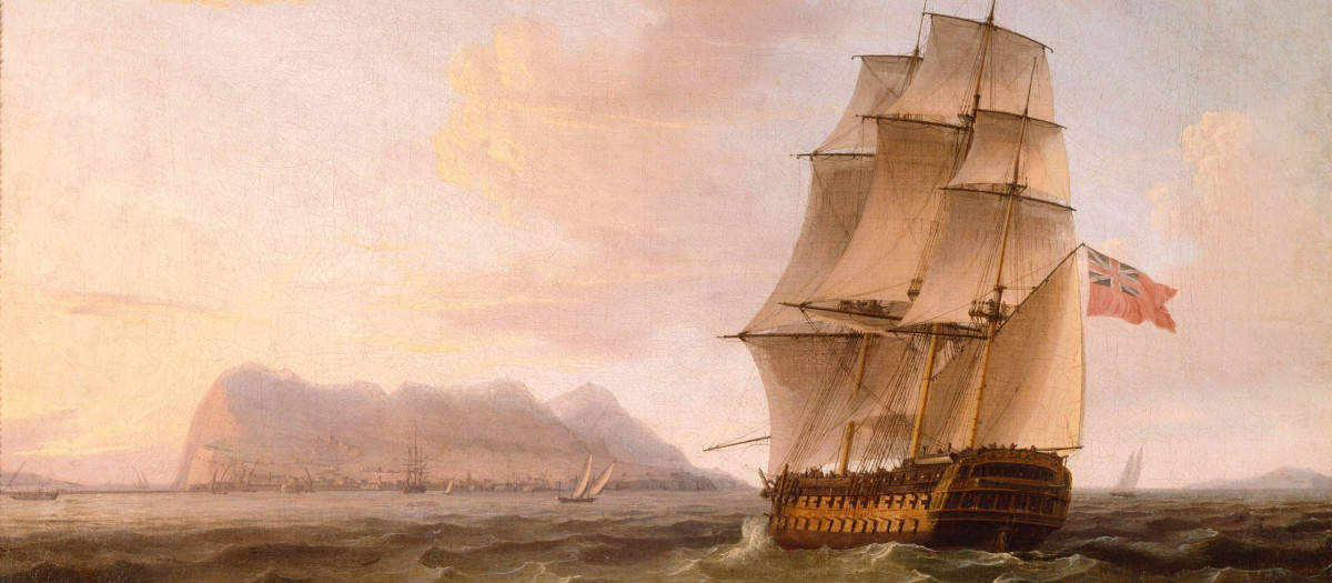 Un hombre de guerra británico ante el Peñón de Gibraltar por Thomas Whitcombe