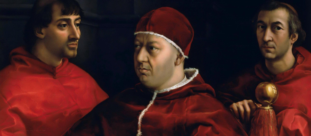 Retrato del papa León X con sus primos, los cardenales Julio de Médicis (futuro papa Clemente VII, a la izquierda) y Luis de Rossi (a la derecha)3​, obra de Rafael Sanzio