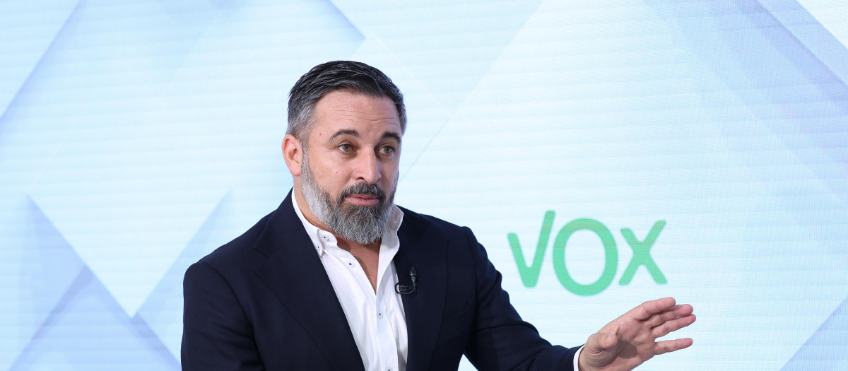 Santiago Abascal ofrece una rueda de prensa en la sede nacional de Vox