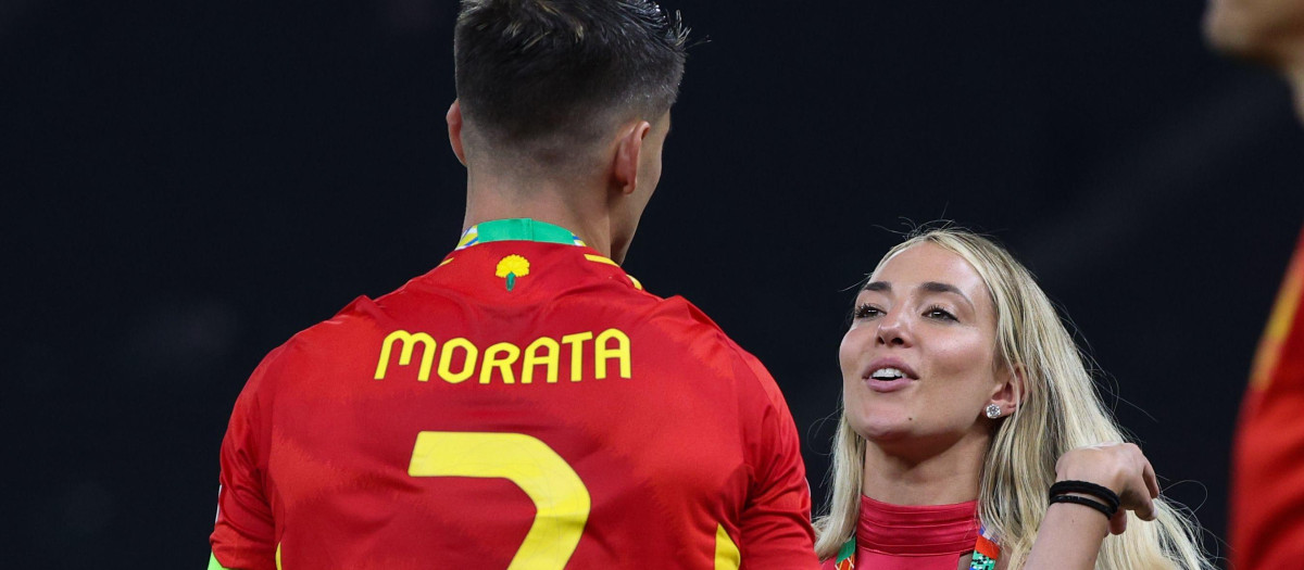 Soccerplayer Alvaro Morata andAlice Campello celebrate victory after the UEFA EURO 2024 final match between Spain and England at Olympiastadion on July 14, 2024 in Berlin, Germany.