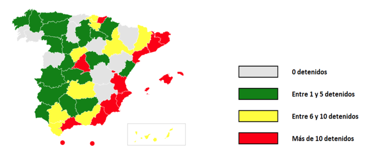 En gris, las provincias donde no se han registrado operaciones antiyihadistas