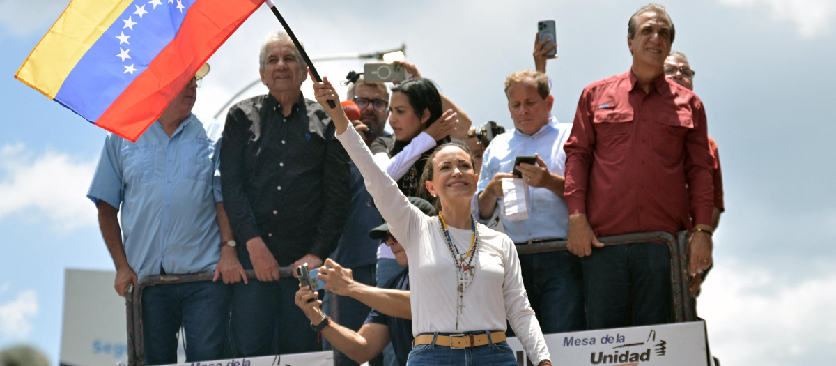 La líder de la oposición de Venezuela, María Corina Machado, durante las protestas del 17 de agosto en Caracas