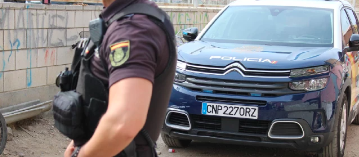 Imagen de un agente y un coche patrulla de la Policía Nacional.