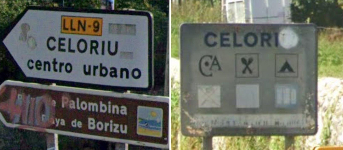 Señales con el nombre de un pueblo asturiano cambiado al bable