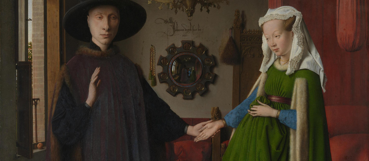 Jean van Eyk pintó el cuadro El matrimonio Arnolfini a mediados del siglo XV. Reprenseta al mercader italiano Giovanni Arnolfini y a su mujer, instalados en Brujas, donde amasaron una importante fortuna. El cuadro contiene numerosos elementos simbólicos y recursos compositivos de difícil interpretación, además de numerosos detalles que aportan información única sobre la Europa renacentista. Sin embargo, vale la pena centrarse en el detalle del espejo del fondo, donde, deformado por su forma convexa, aparece reflejada la pareja de espaldas, el pintor y su ayudante. Un auténtico cuadro en miniatura dentro de otro cuadro.