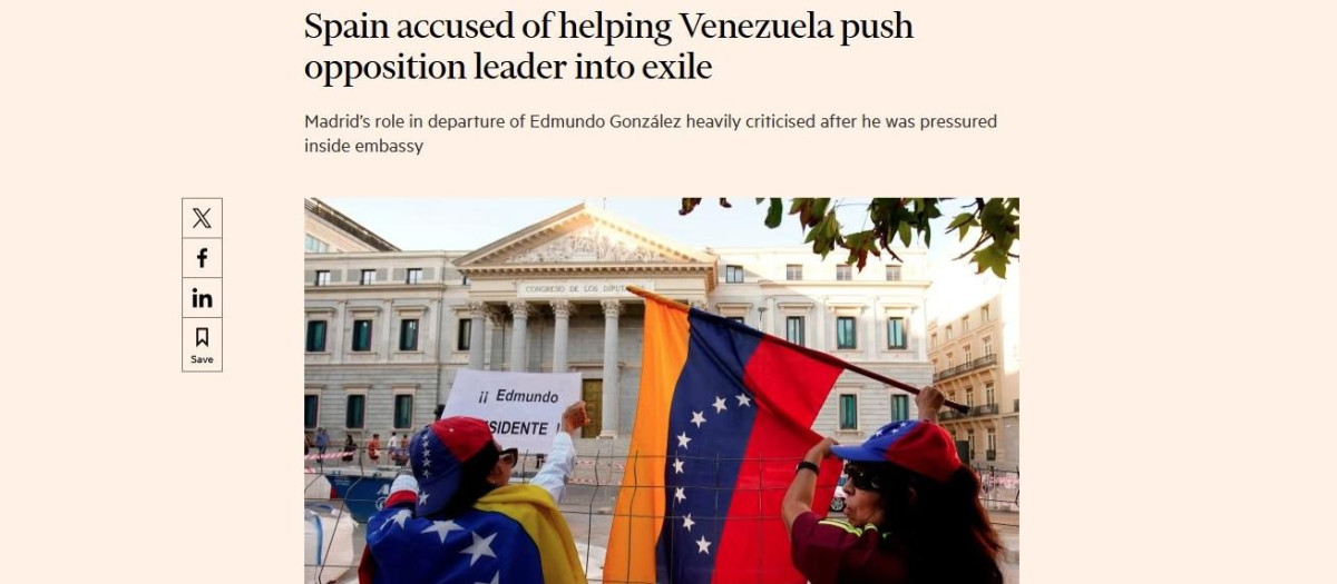 Noticia del 'Financial Times' donde se cuestiona el papel de España en el exilio de Edmundo González