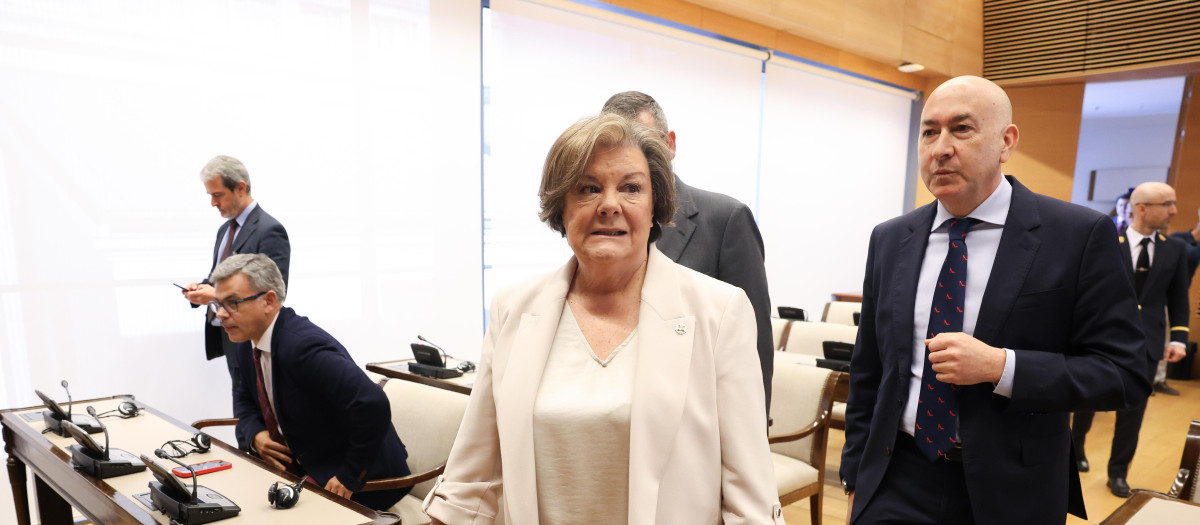 La presidenta del Tribunal de Cuentas, Enriqueta Chicano Jávega, y el diputado del PSOE Alejandro Soler a su llegada a la Comisión sobre mascarillas, en el Congreso de los Diputados