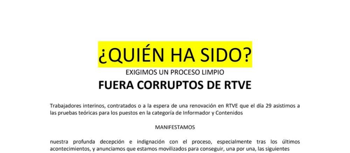 Imagen del manifiesto de los trabajadores de RTVE en relación a la suspensión de las oposiciones