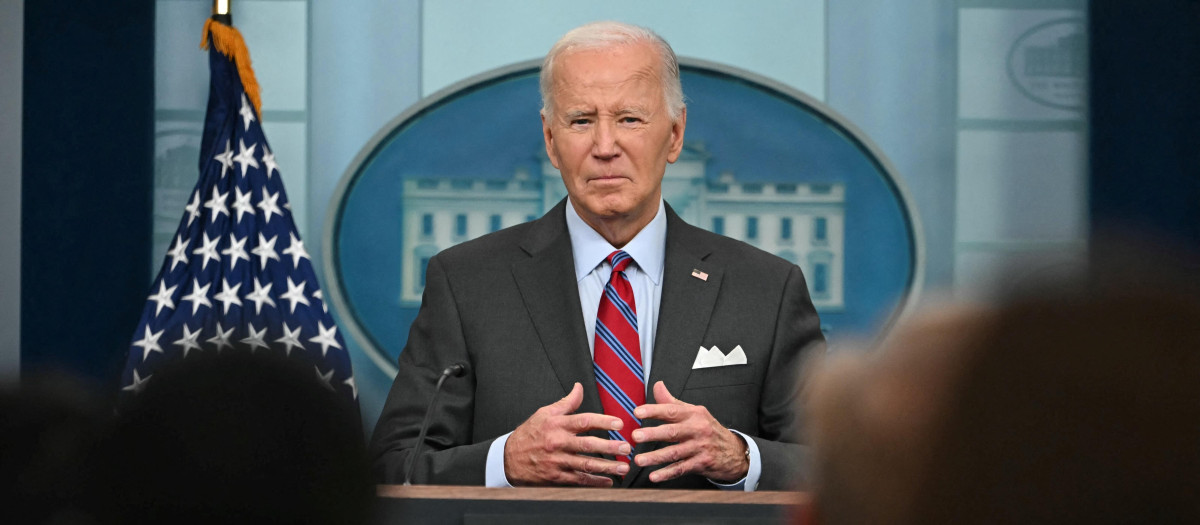 US President Joe Biden speaks during the daily press briefing at the White House in Washington, DC, on October 4, 2024. (Photo by ANDREW CABALLERO-REYNOLDS / AFP)