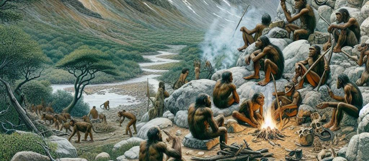 Concepto de un grupo de homininos guarecidos en una zona de montaña