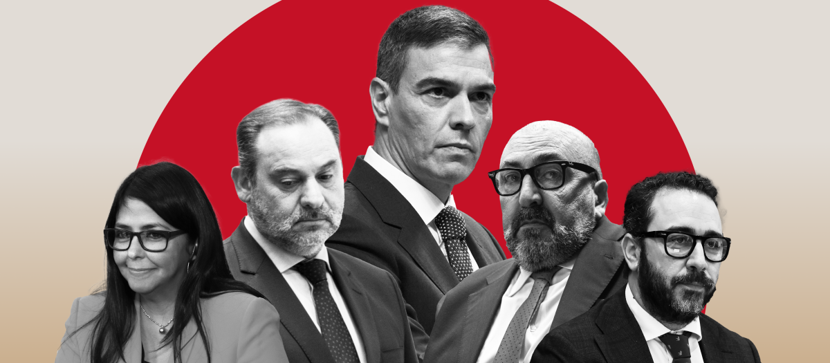 Delcy Rodríguez, José Luis Ábalos, Pedro Sánchez, Koldo García y Víctor de Aldama