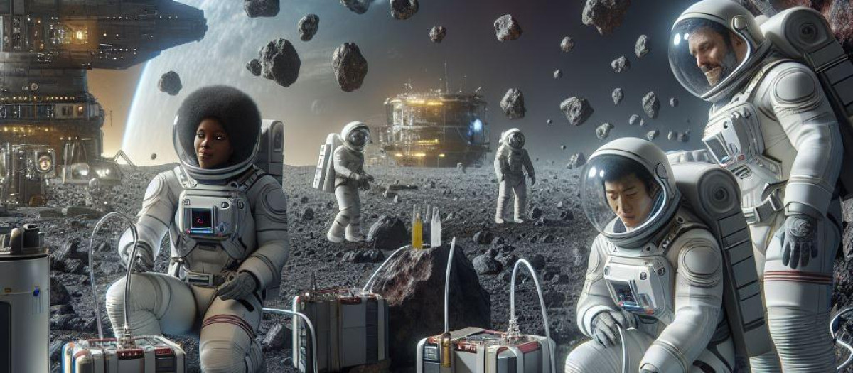 Concepto artístico de astronautas realizando minería espacial