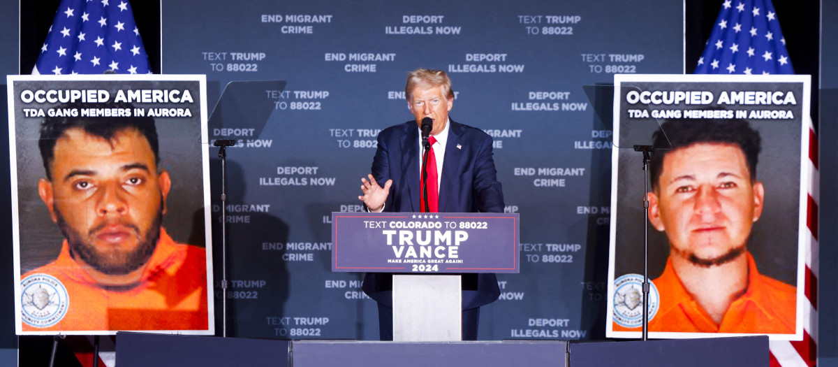 Donald Trump, durante un discurso en Colorado donde mostró imágenes de pandilleros venezolanos