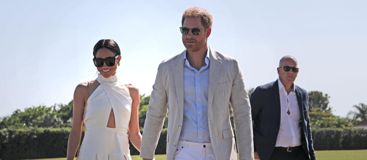 Britain's Prince Harry, Duke of Sussex and Meghan Markle , Duchess of Sussex  during the Royal Salute Plo Challenge in Wellington, Florida, US. on April 12, 2024.