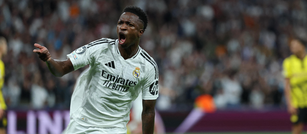 Vinicius celebra uno de sus tres goles ante el Borussia Dortmund