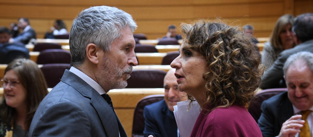 El ministro del Interior, Fernando Grande-Marlaska y la vicepresidenta primera del Gobierno, ministra de Hacienda y vicesecretaria general del PSOE, María Jesús Montero, durante una sesión de control al Gobierno, en el Senado,
