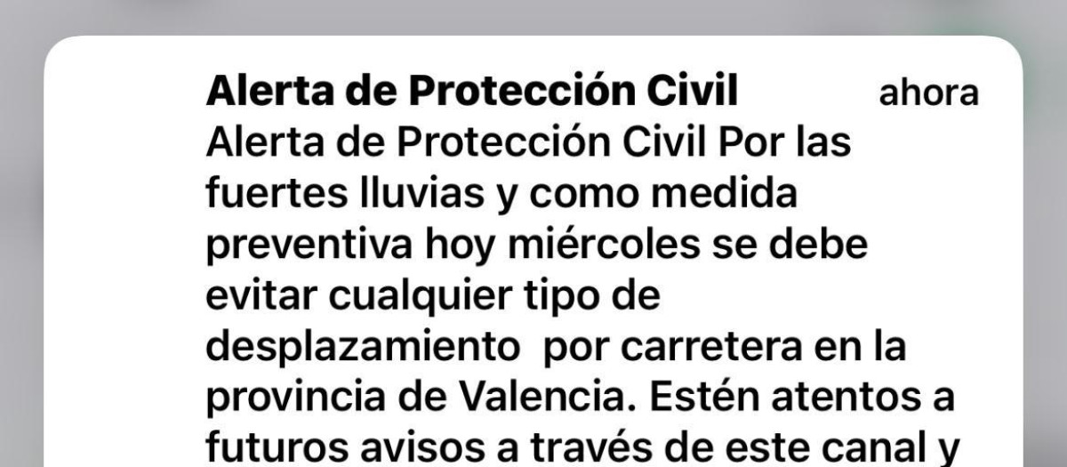 Mensaje de alerta de Protección Civil en Valencia por la DANA