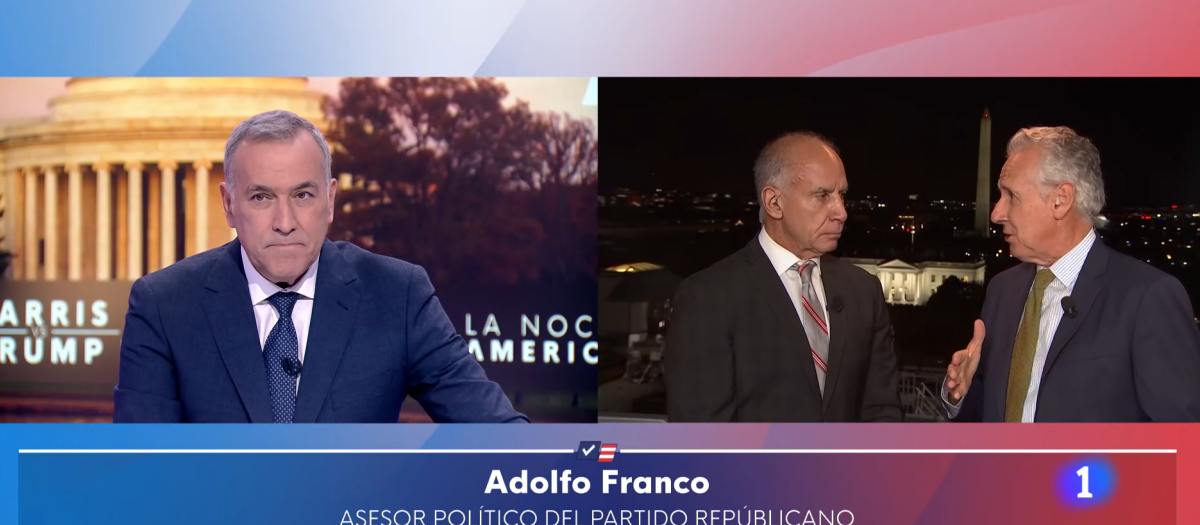 Xabier Fortes (izquierda) observa la entrevista de Lorenzo Milá (derecha) a Adolfo Franco