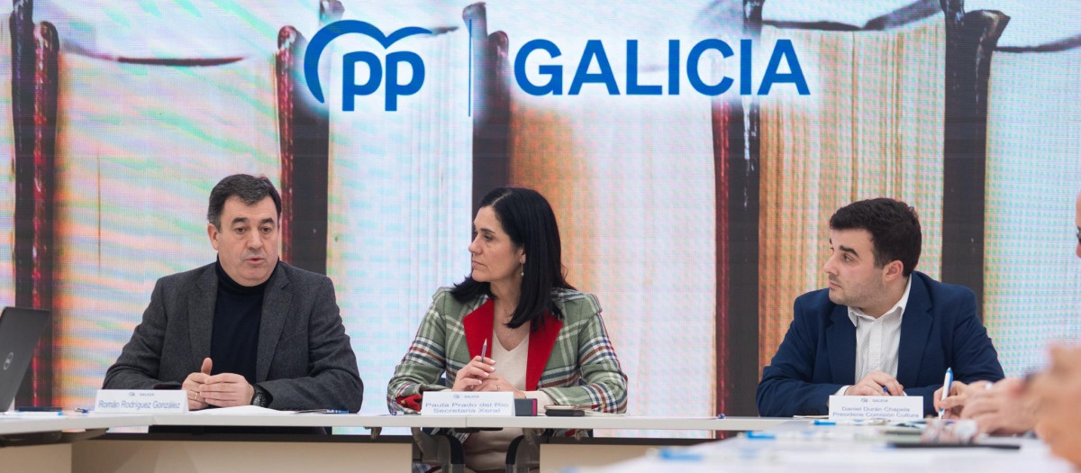 Román Rodríguez, Paula Prado y Daniel Chapela en la comisión de Cultura del PP gallego.