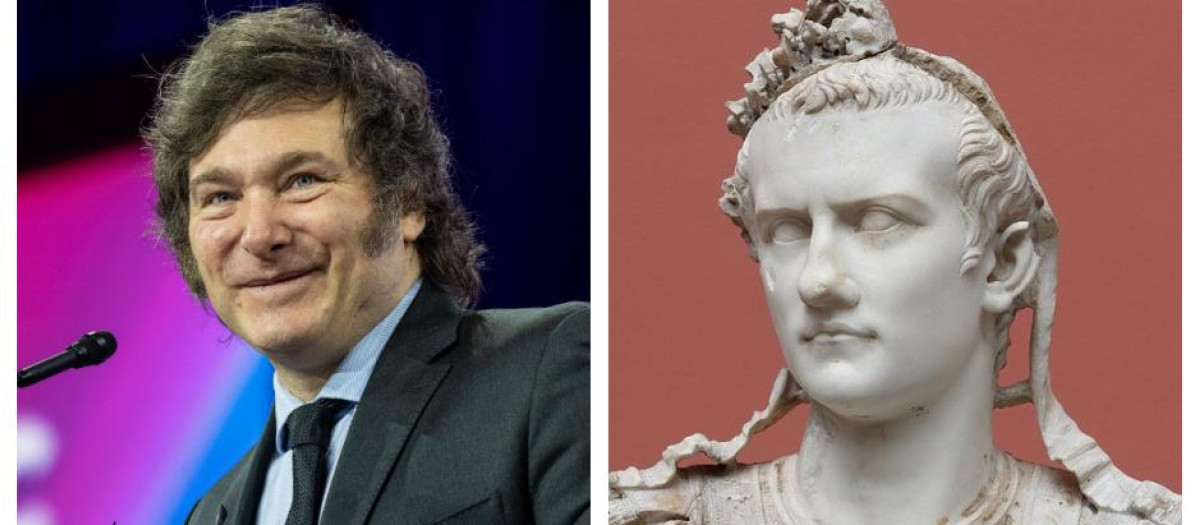 Javier Milei y un busto del emperador romano Calígula