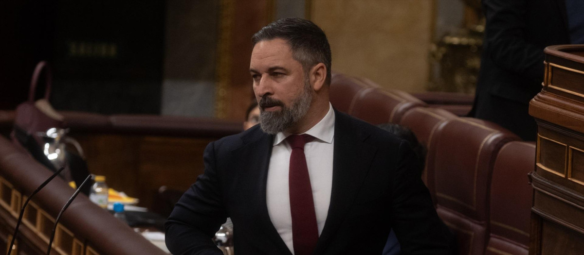 El líder de Vox, Santiago Abascal, durante su intervención en el Congreso de los Diputados