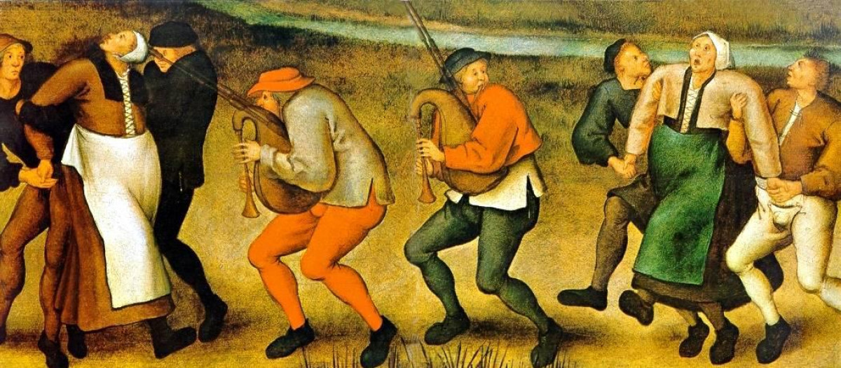 La música se tocaba normalmente durante los brotes de la manía del baile, ya que se pensaba que remediaba el problema. Una pintura de Pieter Brueghel el Joven