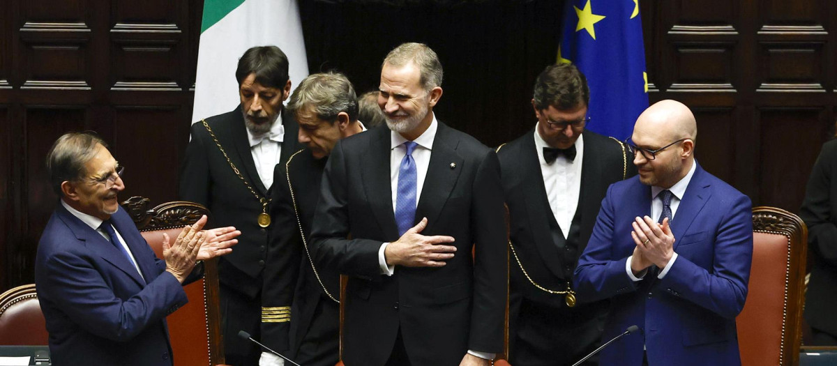 El Rey, durante su intervención ante disputados y senadores de Italia en Roma