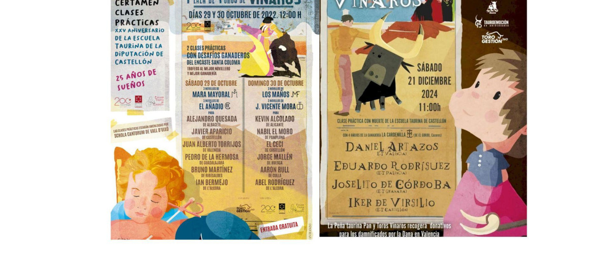 Carteles de la Escuela Taurina de la Diputación de Castellón en 2022 y 2024, ambos con el dibujo de un niño