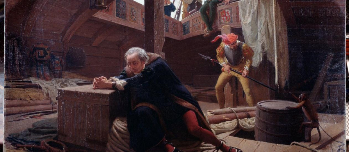 El explorador y navegante Cristóbal Colón (1451-1506) regresando de su tercer viaje encadenado en la bodega