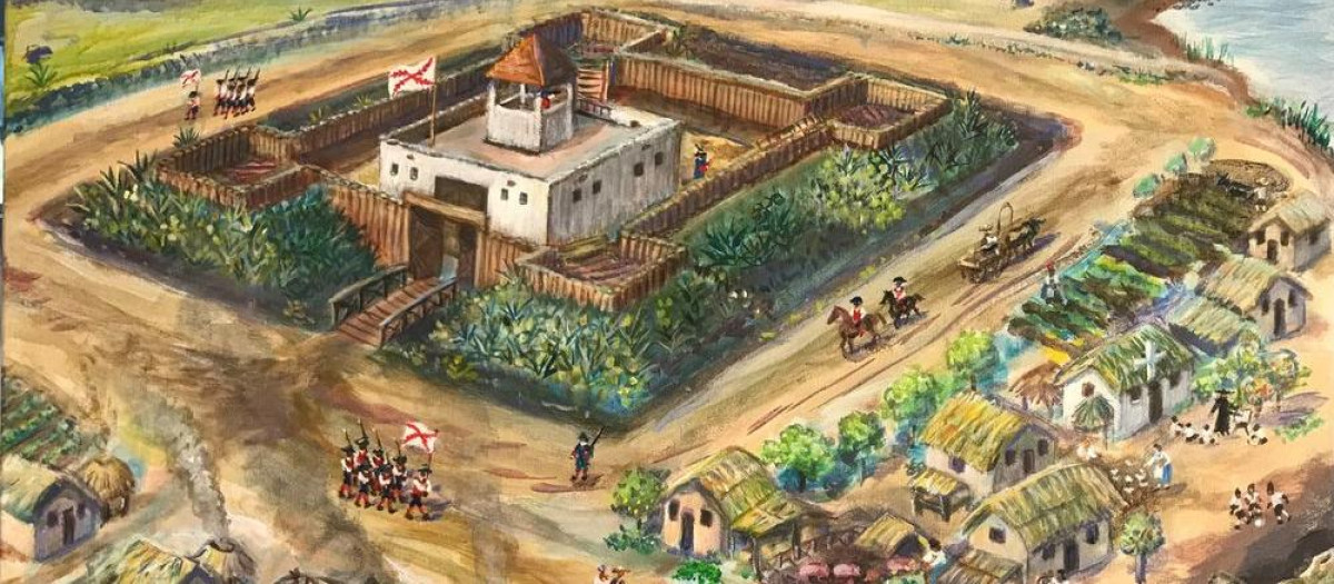Pintura de la artista Nancy Christensen sobre el aspecto que podría haber tenido Fort Mose en 1738.