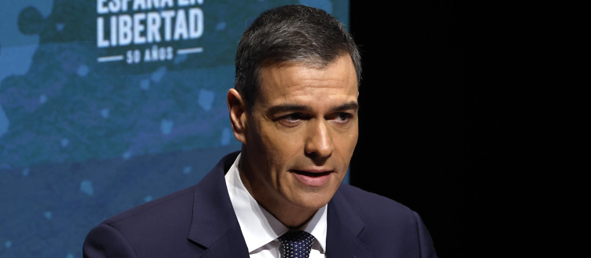 El presidente del Gobierno, Pedro Sánchez, durante su intervención el primer acto por el 50 aniversario de la muerte de Franco