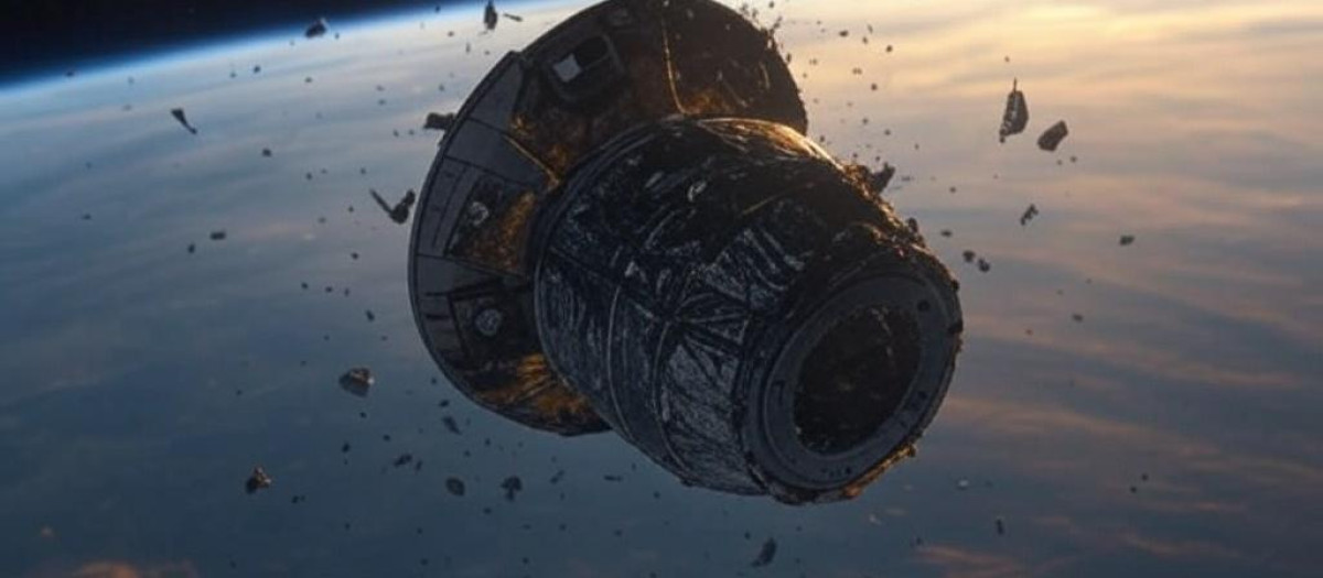 Ilustración de un satélite con basura espacial a su alrededor