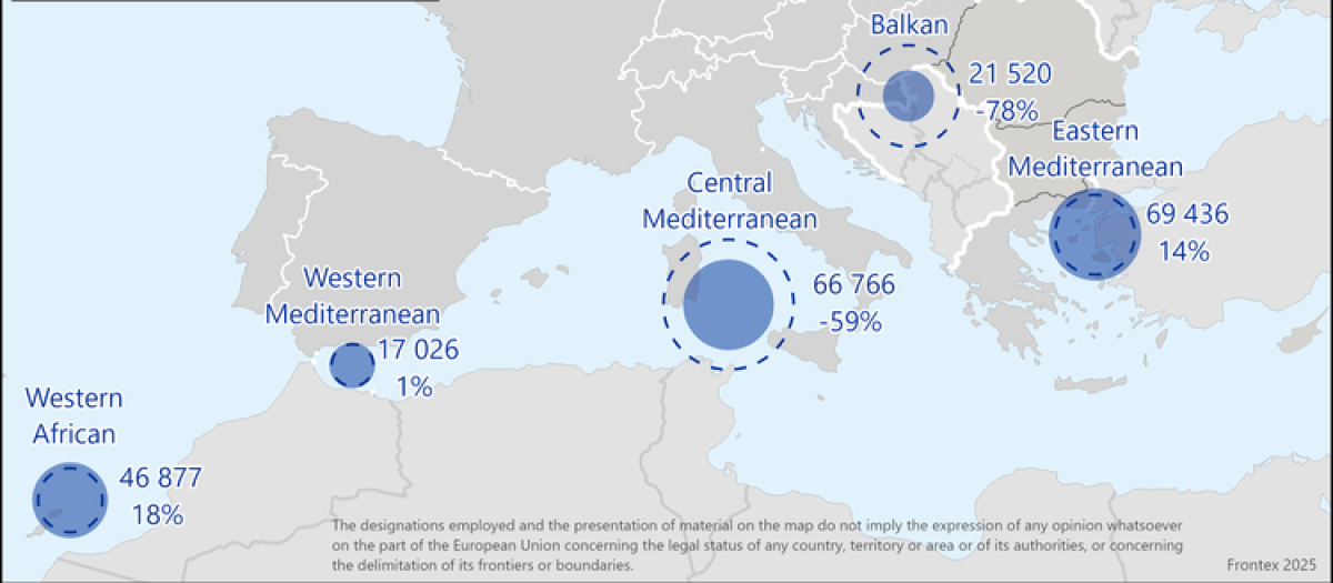 Mapa de Frontex con las diferentes rutas migratorias