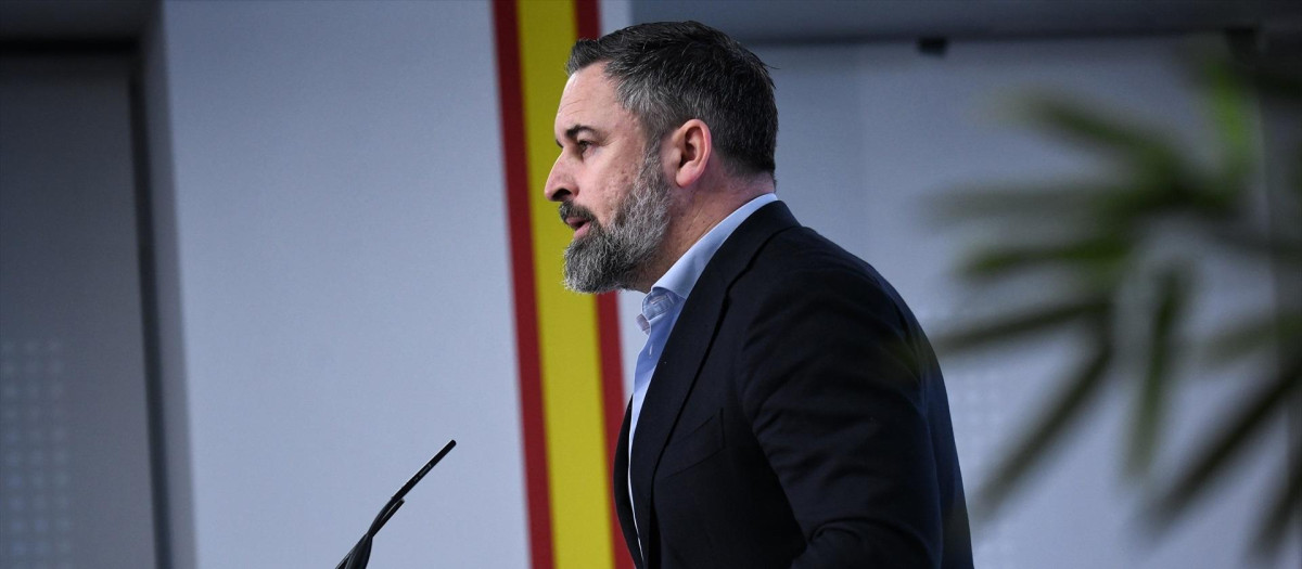 El líder de VOX, Santiago Abascal, durante una rueda de prensa en la sede nacional