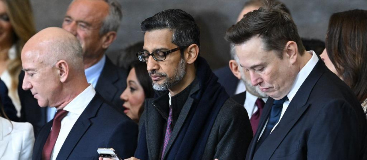 Jeff Bezos, Sundar Pichai y Elon Musk durante el acto de investidura de Trump