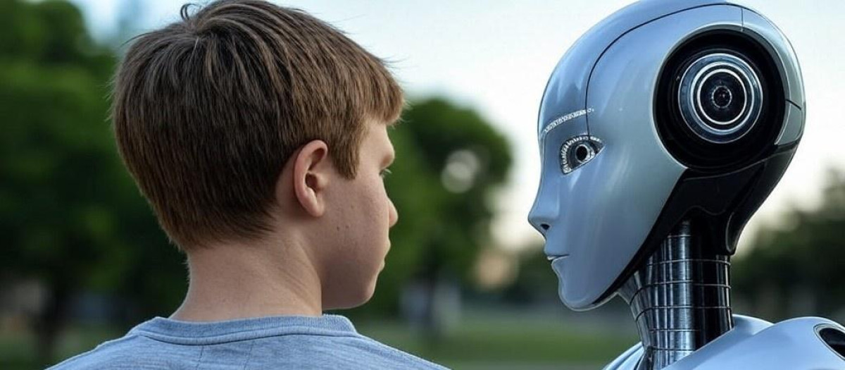 Un adolescente. junto a un bot de inteligencia artificial